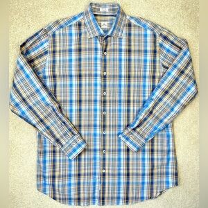 Peter Millar Men’s Shirt Blue Brown Plaid Cotton Button Up Long Sleeves Size XL